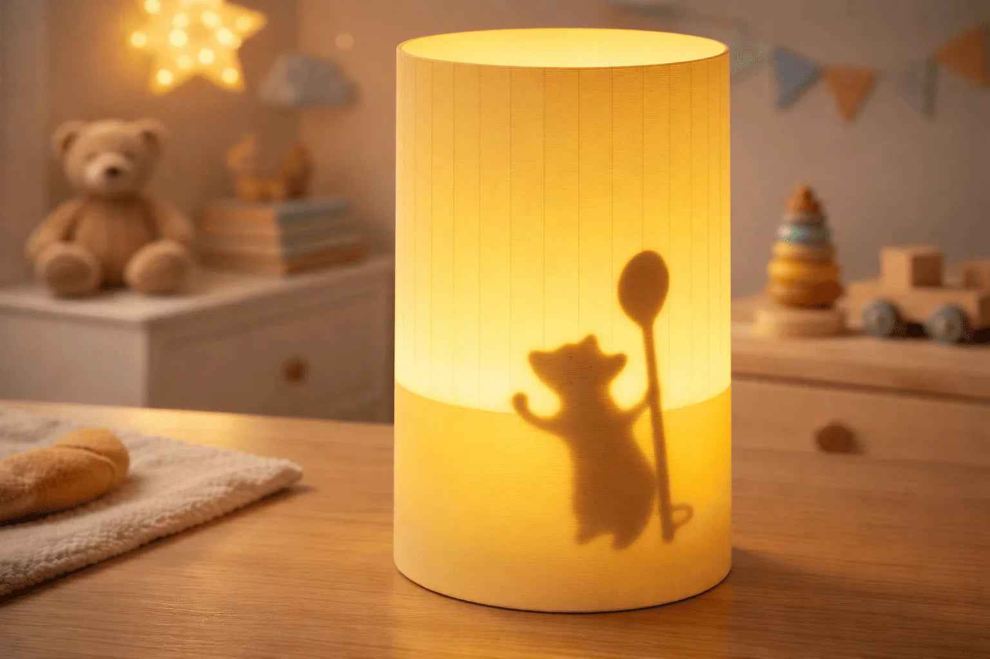 Lámpara de mesa infantil con sombra de oso y cuchara, decoración de dormitorio acogedor