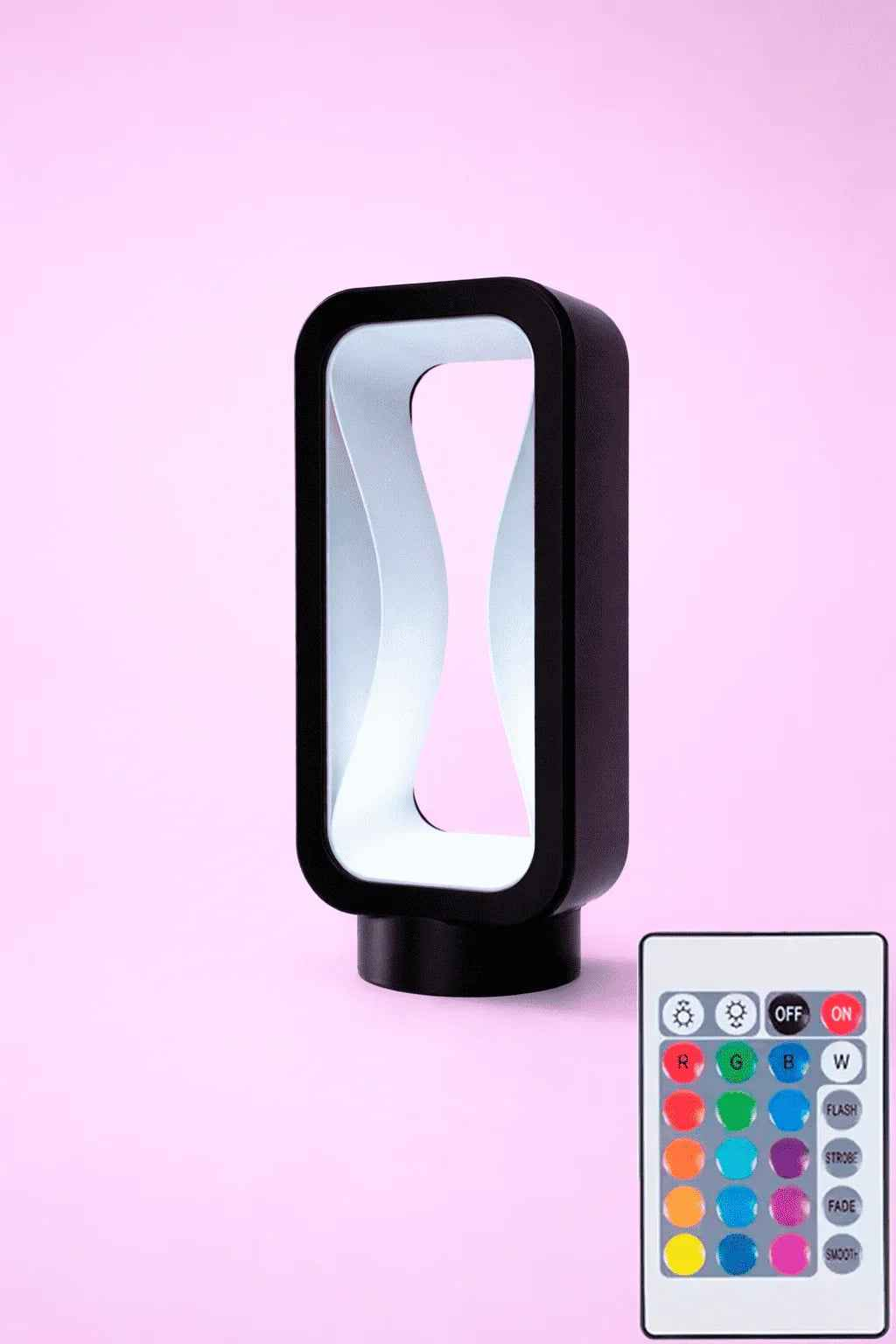 Lámpara LED decorativa negra moderna con control remoto multicolor fondo rosa