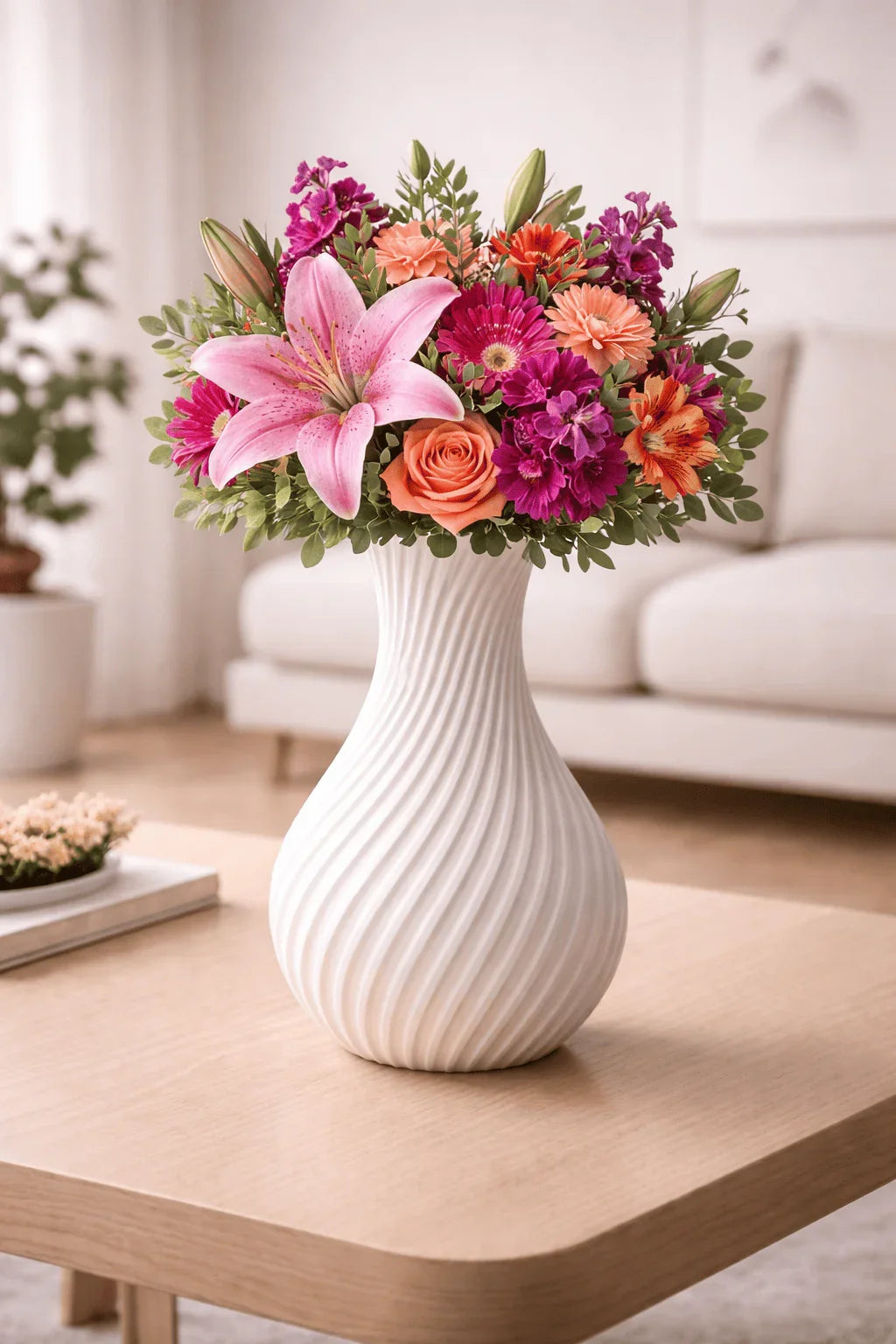 Jarrón blanco moderno con ramo de flores coloridas sobre mesa de madera en sala iluminada.