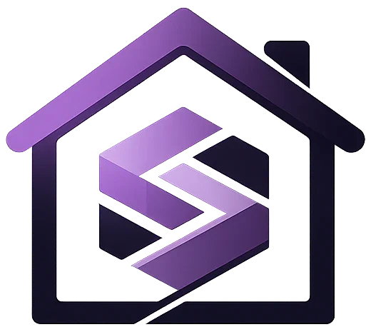 Logotipo 3D de casa púrpura con forma geométrica S en el centro, diseño moderno