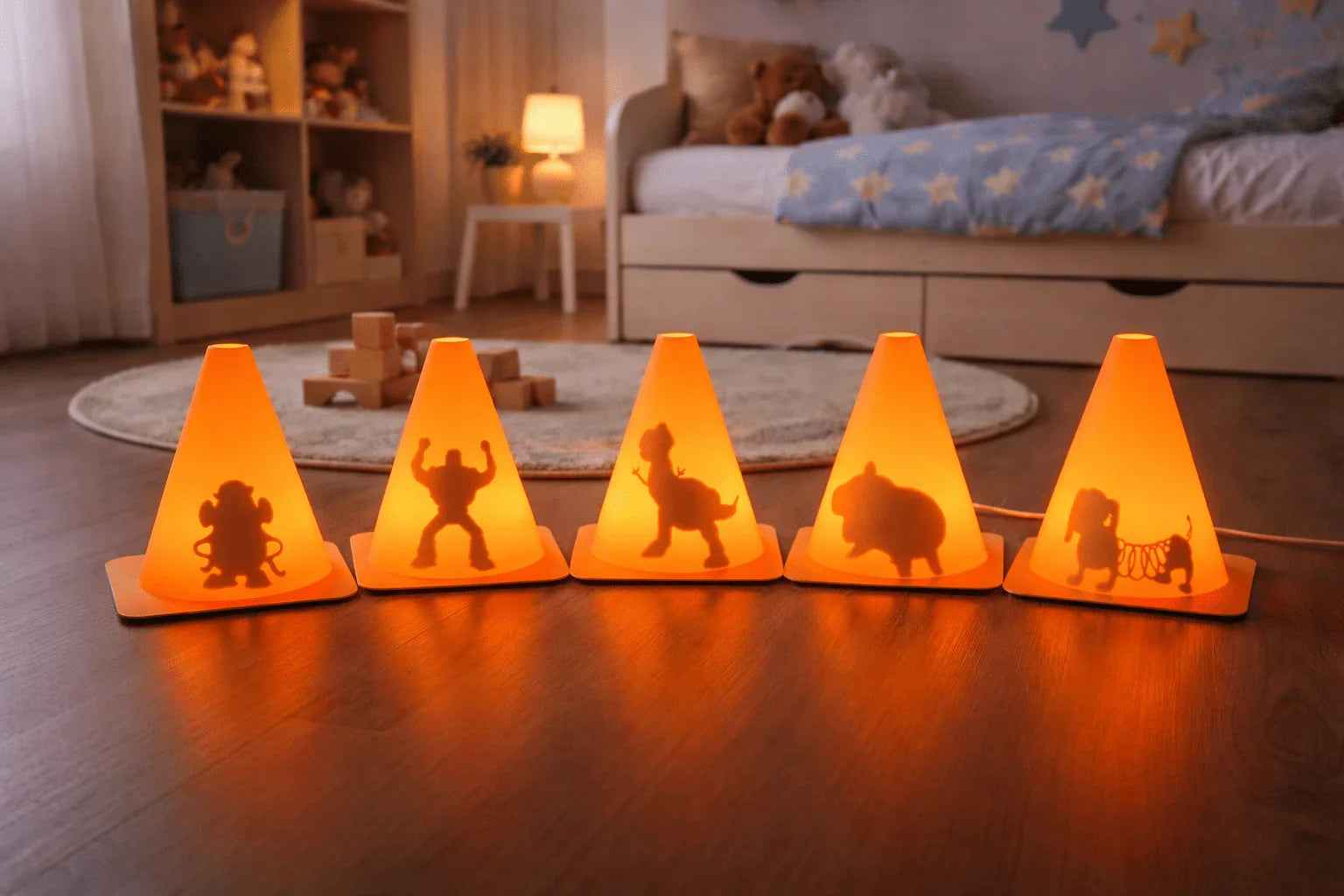 Conos luminosos naranjas decorativos con siluetas de personajes, en habitación infantil acogedora.