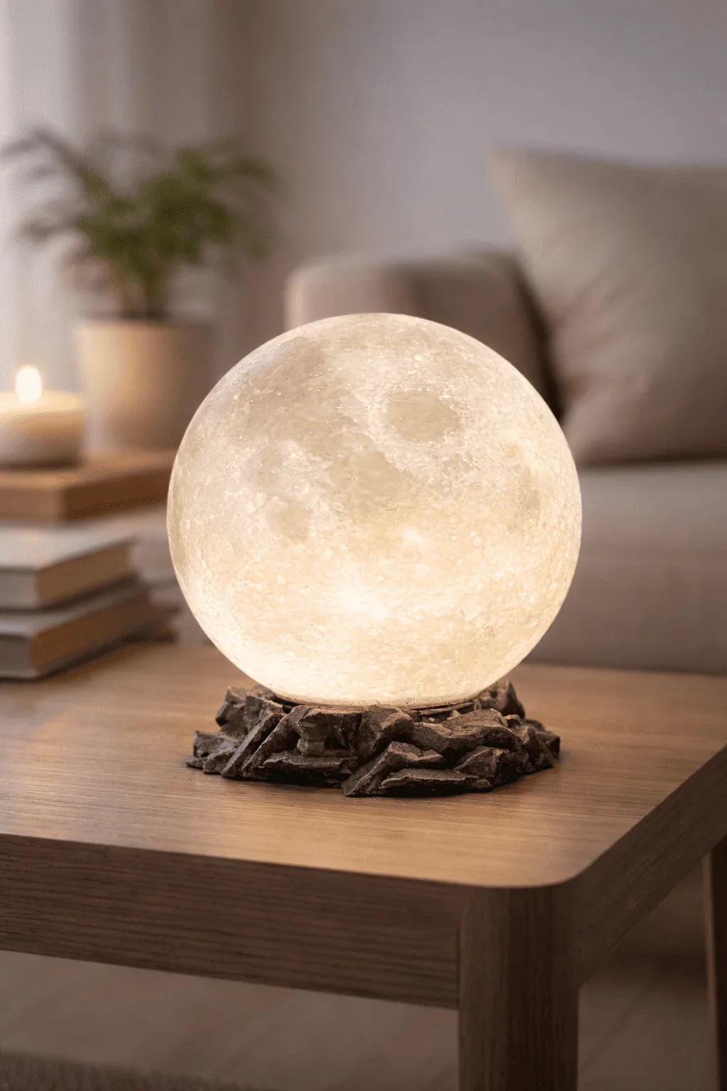 Lámpara LED con forma de luna sobre mesa de madera en sala moderna, luz cálida decorativa.