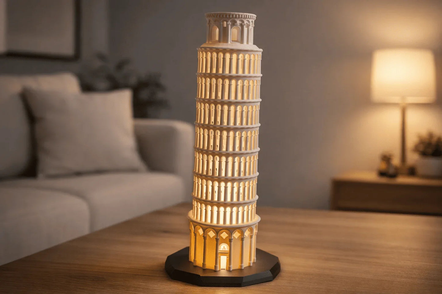 Lámpara decorativa 3D de la Torre de Pisa iluminada sobre mesa en sala moderna