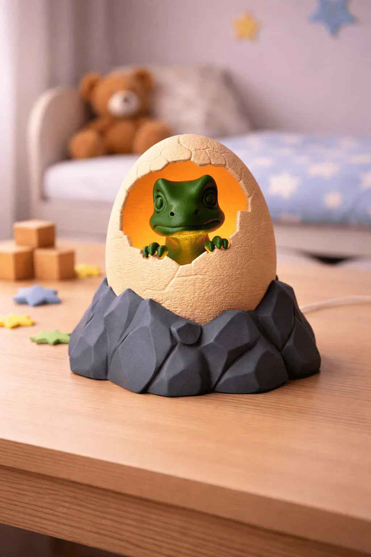 Lámpara infantil decorativa con figura de rana saliendo de huevo sobre mesa en dormitorio