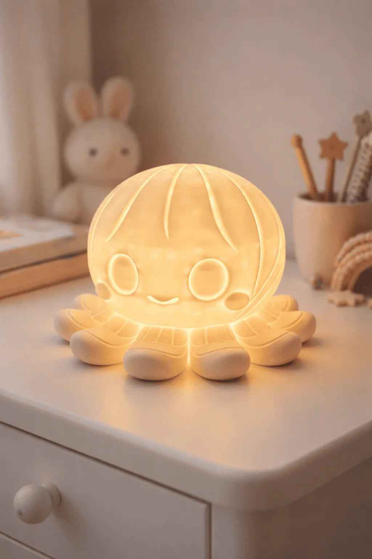 Lámpara infantil pulpo de luz cálida decorativa sobre mesa en dormitorio para niños