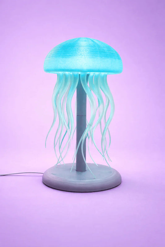 Lámpara de escritorio con diseño de medusa azul, iluminación LED, fondo morado
